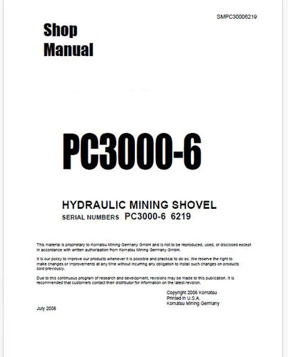 Komatsu PC3000-6 Hydraulic Mining Shovel Pdf Repair and Service Manual Sn 6219