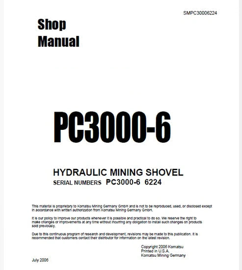 Komatsu PC3000-6 Hydraulic Mining Shovel Pdf Repair and Service Manual Sn 6224