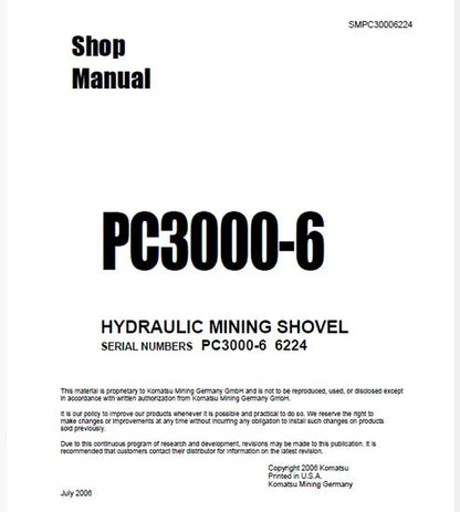 Komatsu PC3000-6 Hydraulic Mining Shovel Pdf Repair and Service Manual Sn 6224