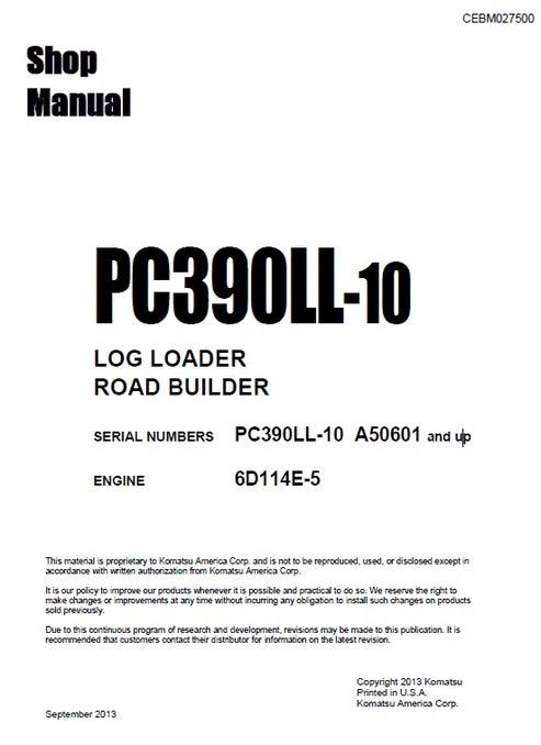Komatsu PC390LL-10 Log Loader Road Builder Pdf Repair and Service Manual Sn A50601 and UP
