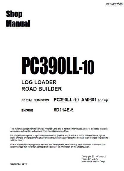 Komatsu PC390LL-10 Log Loader Road Builder Pdf Repair and Service Manual Sn A50601 and UP
