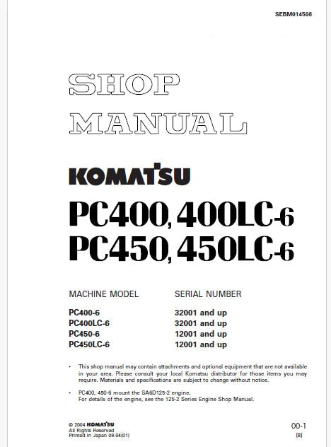 Komatsu PC400-6, PC400LC-6 Hydraulic Excavator Pdf Repair and Service Manual Sn 32001 and UP