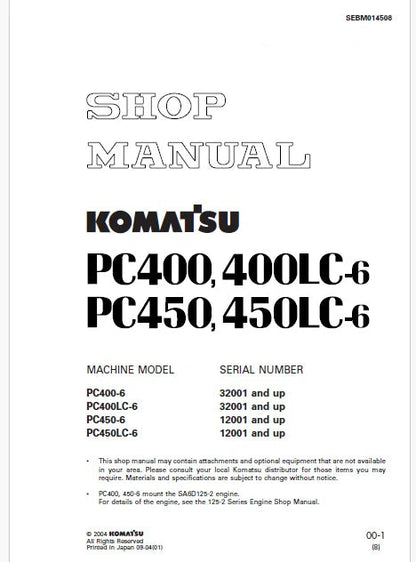 Komatsu PC400-6, PC400LC-6 Hydraulic Excavator Pdf Repair and Service Manual Sn 32001 and UP