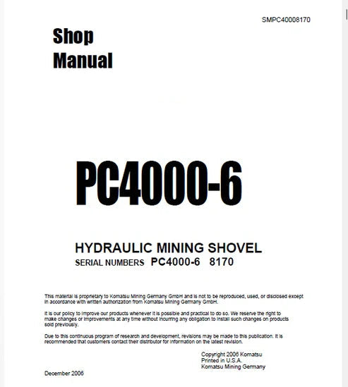 Komatsu PC4000-6 Hydraulic Mining Shovel Pdf Repair and Service Manual Sn 8170