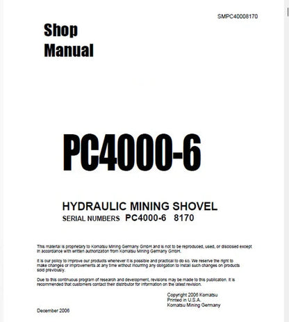 Komatsu PC4000-6 Hydraulic Mining Shovel Pdf Repair and Service Manual Sn 8170