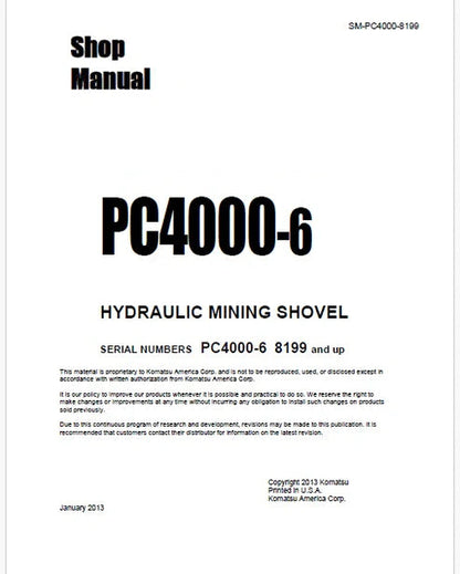 Komatsu PC4000-6 Hydraulic Mining Shovel Pdf Repair and Service Manual Sn 8199 and UP