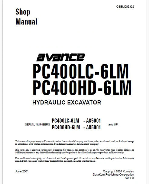 Komatsu PC400LC-6LM, PC400HD-6LM Avance Hydraulic Excavator Pdf Repair and Service Manual Sn A85001 and UP
