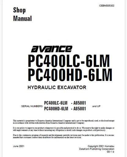 Komatsu PC400LC-6LM, PC400HD-6LM Avance Hydraulic Excavator Pdf Repair and Service Manual Sn A85001 and UP
