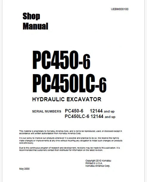 Komatsu PC450-6, PC450LC-6 Hydraulic Excavator Pdf Repair and Service Manual Sn 12144 and UP
