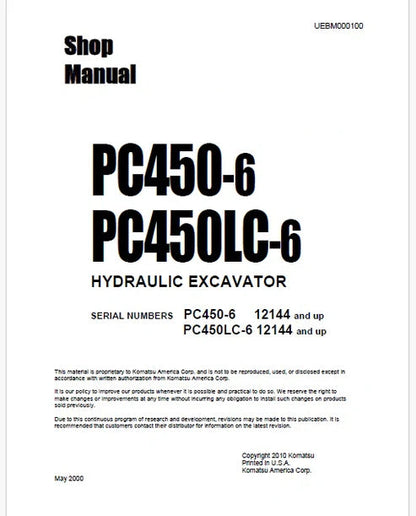 Komatsu PC450-6, PC450LC-6 Hydraulic Excavator Pdf Repair and Service Manual Sn 12144 and UP
