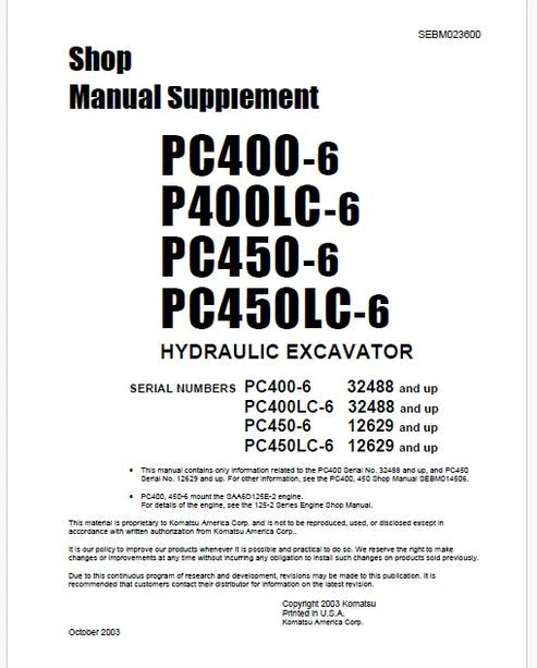 Komatsu PC450-6, PC450LC-6 Hydraulic Excavator Pdf Shop Manual Supplement