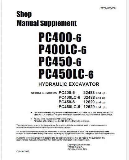 Komatsu PC450-6, PC450LC-6 Hydraulic Excavator Pdf Shop Manual Supplement