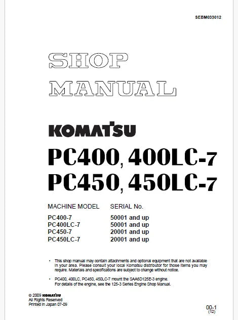 Komatsu PC450-7, PC450LC-7 Hydraulic Excavator Pdf Repair and Service Manual Sn 20001 and UP