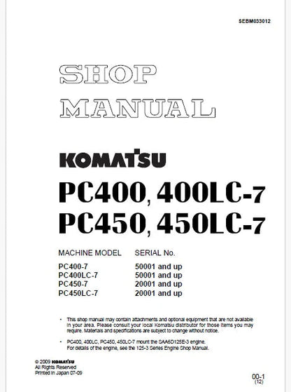 Komatsu PC450-7, PC450LC-7 Hydraulic Excavator Pdf Repair and Service Manual Sn 20001 and UP