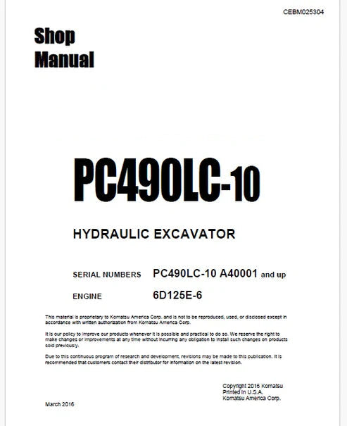Komatsu PC490LC-10 Hydraulic Excavator Pdf Repair and Service Manual Sn A40001 and UP
