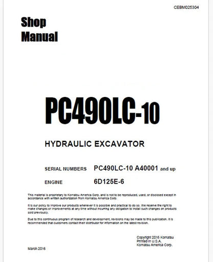 Komatsu PC490LC-10 Hydraulic Excavator Pdf Repair and Service Manual Sn A40001 and UP
