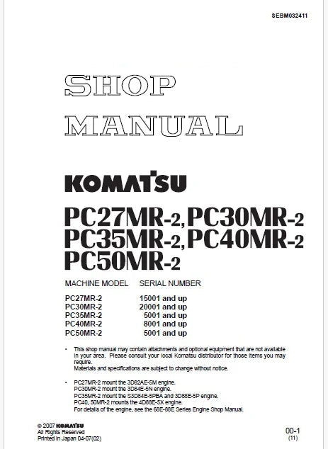 Komatsu PC50MR-2 Hydraulic Excavator Pdf Repair and Service Manual