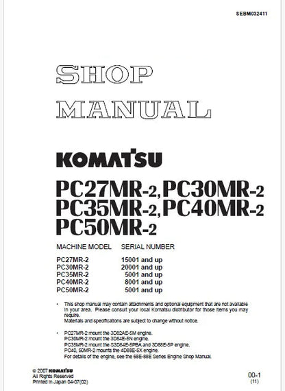 Komatsu PC50MR-2 Hydraulic Excavator Pdf Repair and Service Manual