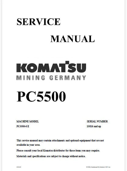 Komatsu PC5500-6 E Hydraulic Mining Shovel Pdf Repair and Service Manual Sn 15016 and UP