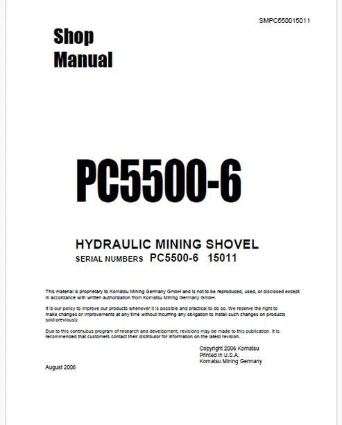 Komatsu PC5500-6 Hydraulic Mining Shovel Pdf Repair and Service Manual Sn 15011