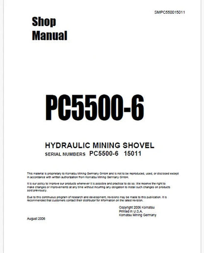 Komatsu PC5500-6 Hydraulic Mining Shovel Pdf Repair and Service Manual Sn 15011