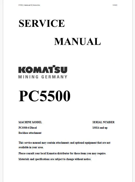 Komatsu PC5500-6 Hydraulic Mining Shovel Pdf Repair and Service Manual Sn 15014 and UP
