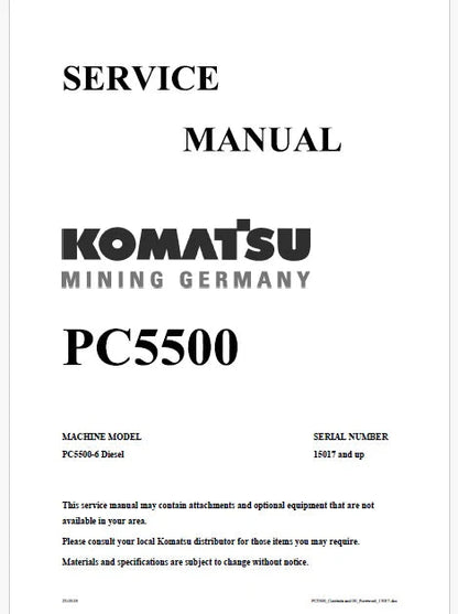 Komatsu PC5500-6 Hydraulic Mining Shovel Pdf Repair and Service Manual Sn 15017 and UP