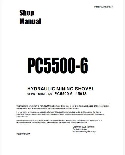 Komatsu PC5500-6 Hydraulic Mining Shovel Pdf Repair and Service Manual Sn 15018