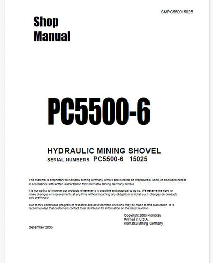 Komatsu PC5500-6 Hydraulic Mining Shovel Pdf Repair and Service Manual Sn 15025