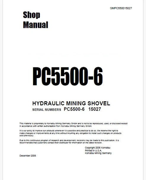 Komatsu PC5500-6 Hydraulic Mining Shovel Pdf Repair and Service Manual Sn 15027