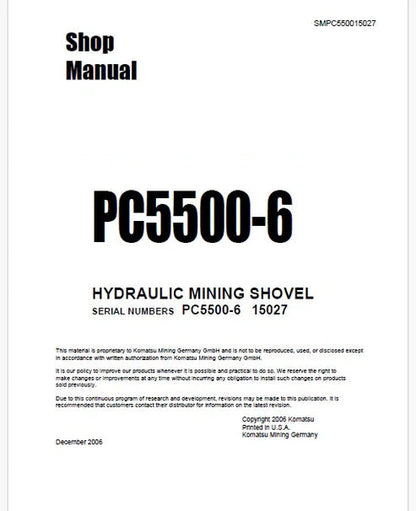 Komatsu PC5500-6 Hydraulic Mining Shovel Pdf Repair and Service Manual Sn 15027