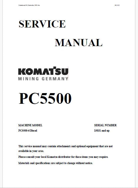 Komatsu PC5500-6 Hydraulic Mining Shovel Pdf Repair and Service Manual Sn 15031 and UP