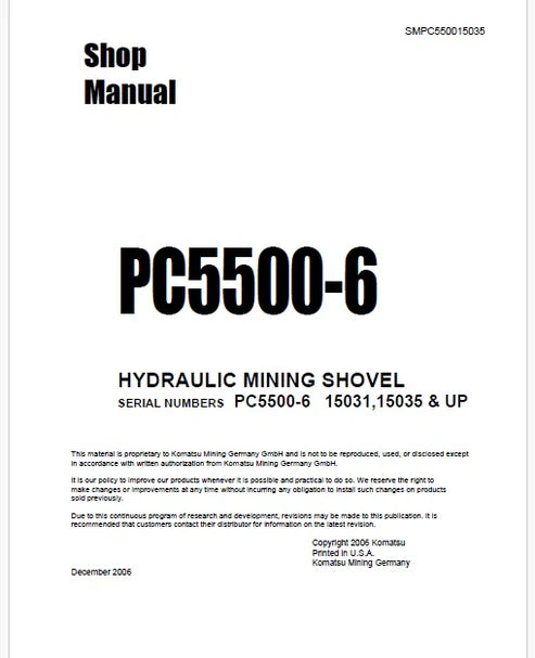 Komatsu PC5500-6 Hydraulic Mining Shovel Pdf Repair and Service Manual Sn 15035 and UP