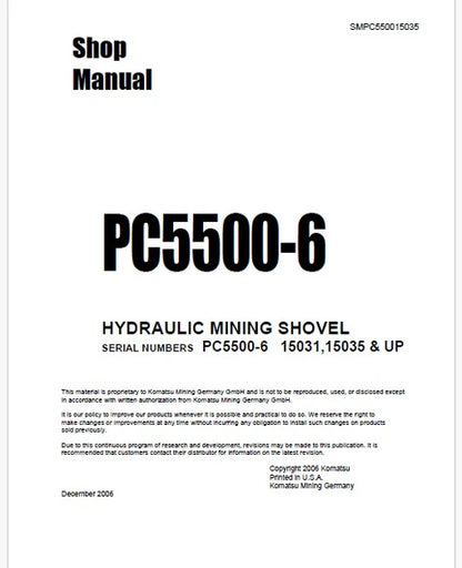 Komatsu PC5500-6 Hydraulic Mining Shovel Pdf Repair and Service Manual Sn 15035 and UP