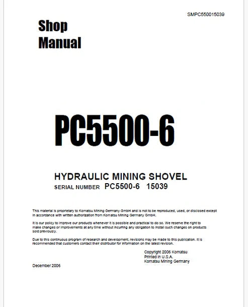 Komatsu PC5500-6 Hydraulic Mining Shovel Pdf Repair and Service Manual Sn 15039