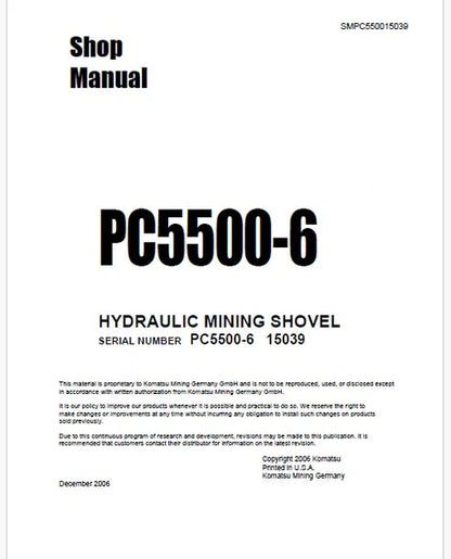 Komatsu PC5500-6 Hydraulic Mining Shovel Pdf Repair and Service Manual Sn 15039