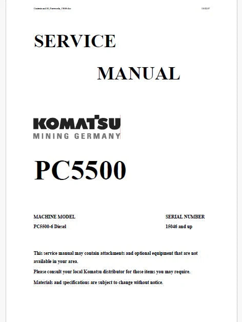 Komatsu PC5500-6 Hydraulic Mining Shovel Pdf Repair and Service Manual Sn 15046 and UP