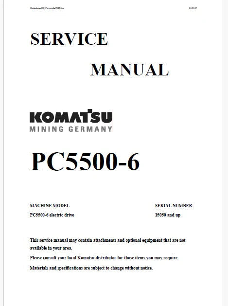 Komatsu PC5500-6 Hydraulic Mining Shovel Pdf Repair and Service Manual Sn 15050 and UP