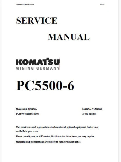 Komatsu PC5500-6 Hydraulic Mining Shovel Pdf Repair and Service Manual Sn 15050 and UP