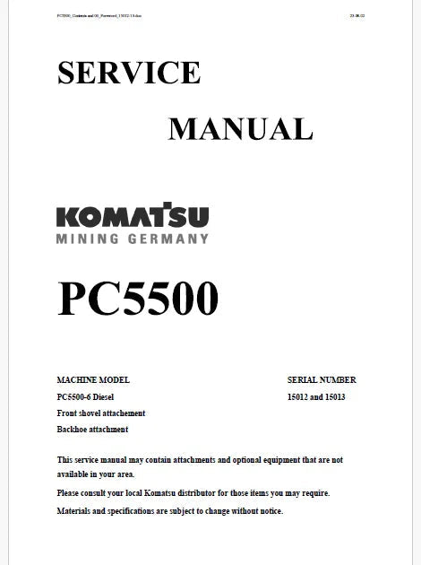 Komatsu PC5500 Hydraulic Mining Shovel Pdf Repair and Service Manual Sn 15012