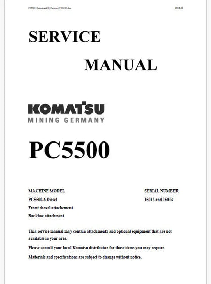 Komatsu PC5500 Hydraulic Mining Shovel Pdf Repair and Service Manual Sn 15012