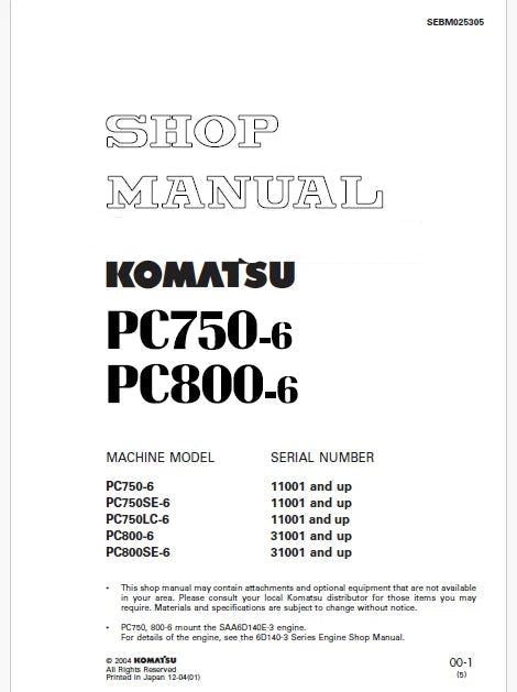Komatsu PC750-6, PC750SE-6, PC750LC-6 Hydraulic Excavator Pdf Repair and Service Manual