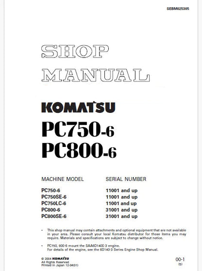Komatsu PC750-6, PC750SE-6, PC750LC-6 Hydraulic Excavator Pdf Repair and Service Manual
