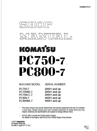 Komatsu PC750-7, PC750SE-7, PC750LC-7 Hydraulic Excavator Pdf Repair and Service Manual Sn 20001 and UP