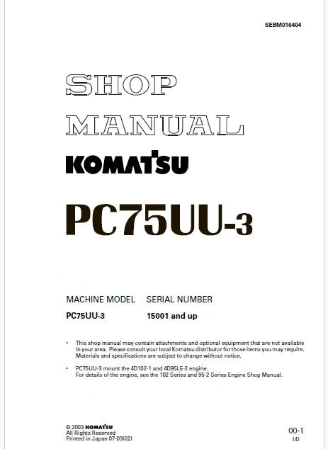 Komatsu PC75UU-3 Hydraulic Excavator Pdf Repair and Service Manual