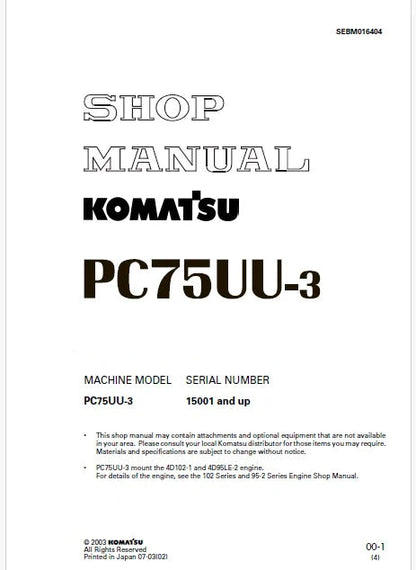Komatsu PC75UU-3 Hydraulic Excavator Pdf Repair and Service Manual