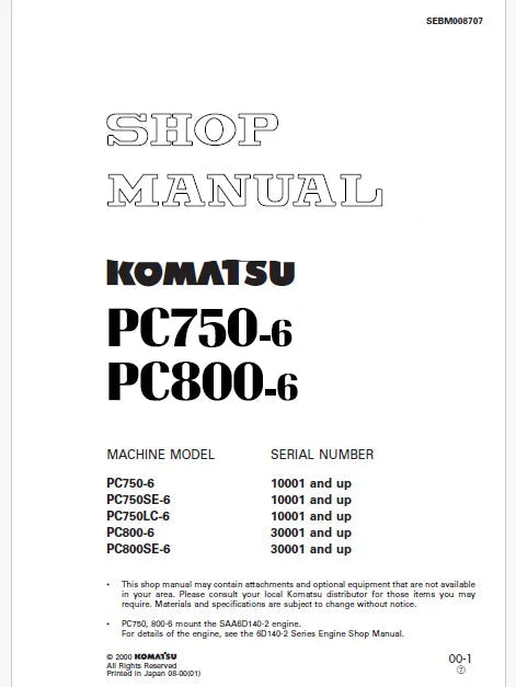 Komatsu PC800-6, PC800SE-6 Hydraulic Excavator Pdf Repair and Service Manual Sn 30001 and UP