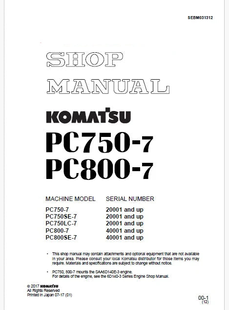 Komatsu PC800-7, PC800SE-7 Hydraulic Excavator Pdf Repair and Service Manual Sn 40001 and UP