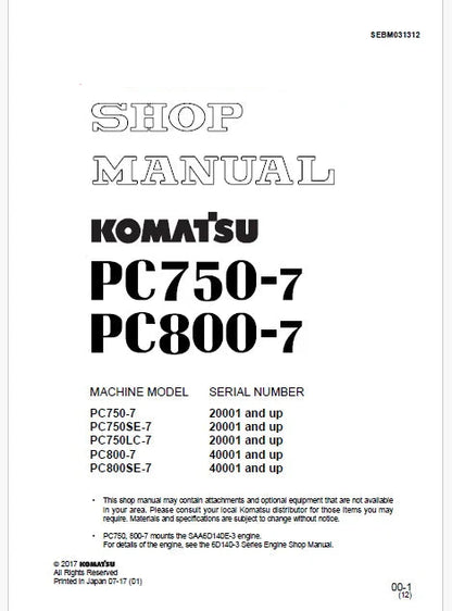 Komatsu PC800-7, PC800SE-7 Hydraulic Excavator Pdf Repair and Service Manual Sn 40001 and UP