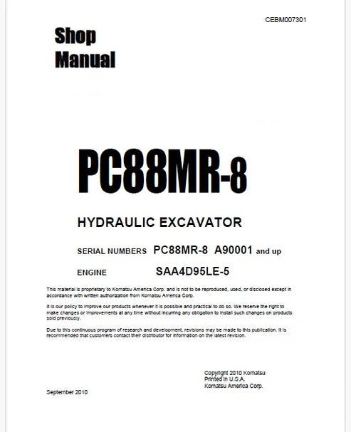 Komatsu PC88MR-8 Hydraulic Excavator Pdf Repair and Service Manual Sn A90001 and UP
